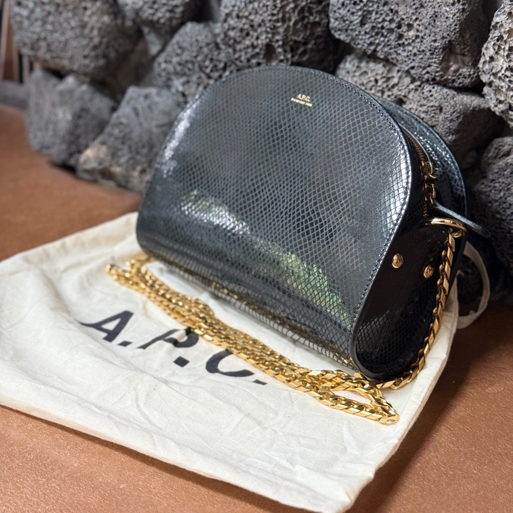 A.P.C. Luna Bag – Black Lizard Embossed Leather – Gold Chain Strap - RARE